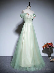 Light Green Tulle Off Shoulder A-Line Prom Dress, Light Green Flowers Long Evening Dress