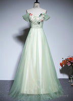 Light Green Tulle Off Shoulder A-Line Prom Dress, Light Green Flowers Long Evening Dress