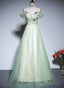 Light Green Tulle Off Shoulder A-Line Prom Dress, Light Green Flowers Long Evening Dress