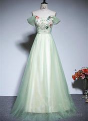 Light Green Tulle Off Shoulder A-Line Prom Dress, Light Green Flowers Long Evening Dress