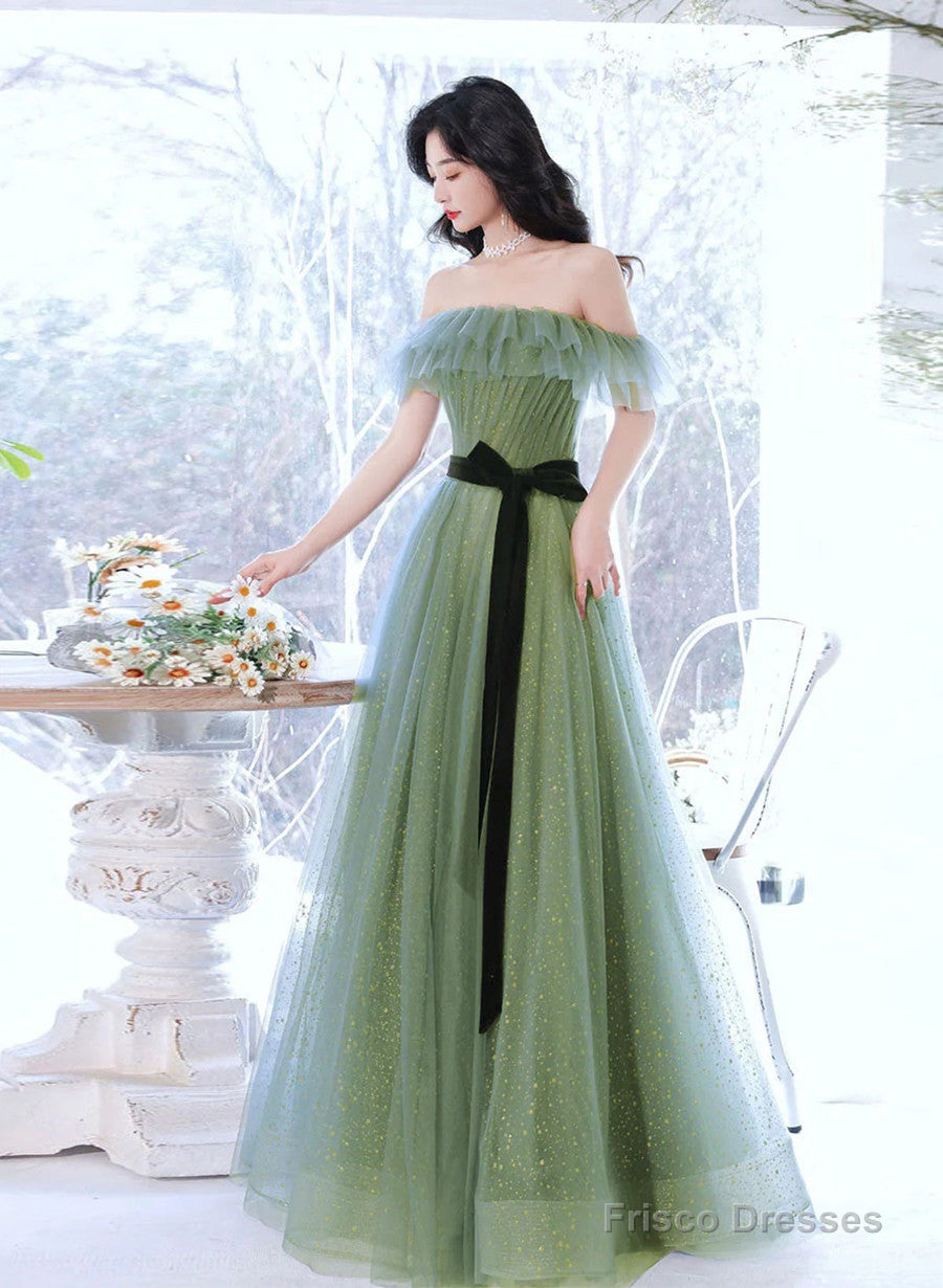Light Green Tulle Off Shoulder Shiny Tulle Party Dress, Green Long Prom Dress Main image