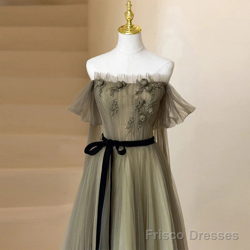 Light Green Tulle Off Shoulder with Flowers A-line Prom Dress Green Evening Gowns prom dresses shops Secondary image