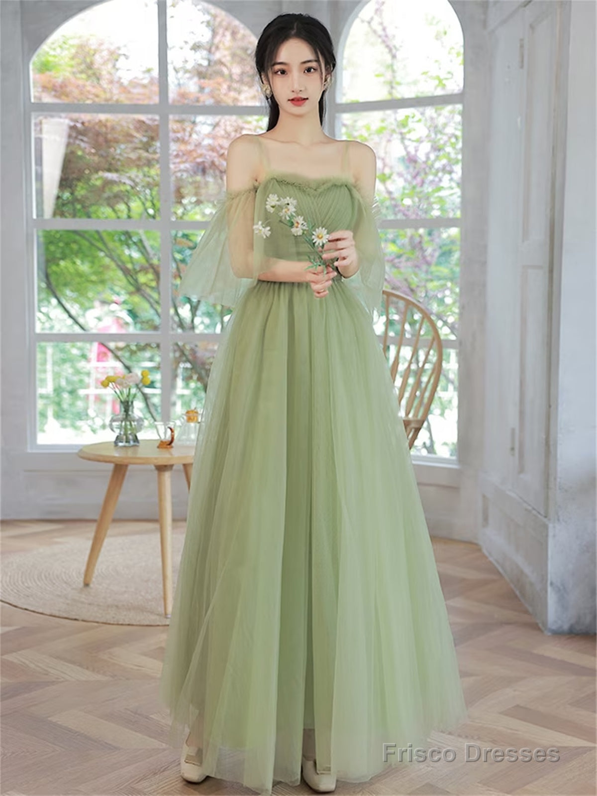 Light Green Tulle Straps A-Line Party Dress, Light Green Prom Dress Evening Dress Secondary image