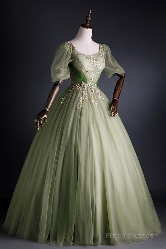 Light Green Tulle With Gold Lace Short Sleeves Formal Dress, Light Green Sweet 16 Gown Secondary image