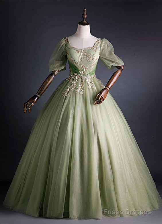 Light Green Tulle With Gold Lace Short Sleeves Formal Dress, Light Green Sweet 16 Gown Main image