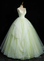 Light Green V-Neckline Tulle Long Party Dress, Light Green Sweet 16 Dress