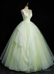 Light Green V-Neckline Tulle Long Party Dress, Light Green Sweet 16 Dress
