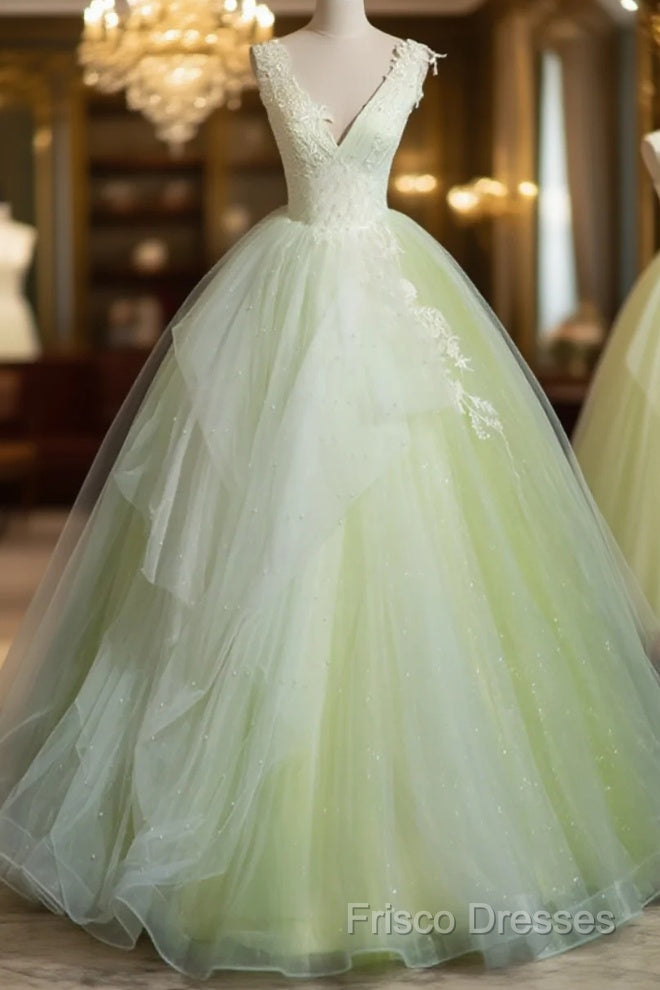 Light Green V-Neckline Tulle Long Party Dress, Light Green Sweet 16 Dress Main image