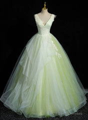 Light Green V-Neckline Tulle Long Party Dress, Light Green Sweet 16 Dress