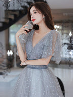 Light Grey A-Line Tulle Long Evening Dress Prom Dress, V-Neckline Party Dress