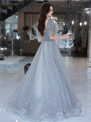 Light Grey A-Line Tulle Long Evening Dress Prom Dress, V-Neckline Party Dress