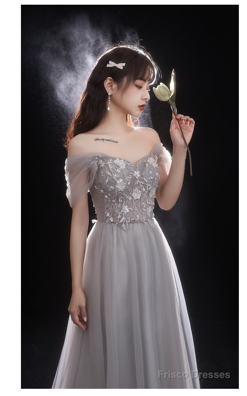 Light Grey Beaded Off Shoulder Tulle A-Line Junior Prom Dress, Grey Long Evening Dress Secondary image