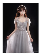 Light Grey Beaded Off Shoulder Tulle A-Line Junior Prom Dress, Grey Long Evening Dress