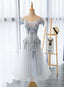 Light Grey Flowers Lace Off Shoulder Short Party Dress, Light Grey Formal Dresses