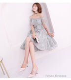 Light Grey Lace High Low Off Shoulder Homecoming Dress, Sliver-Grey Short Prom Dresses