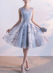 Light Grey Short Tulle With Applique Party Dress, Beautiful Homecoming Dresses