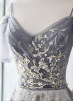 Light Grey Tulle A-Line Straps Long Party Dress, Grey Tulle Evening Dress