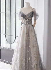 Light Grey Tulle A-Line Straps Long Party Dress, Grey Tulle Evening Dress