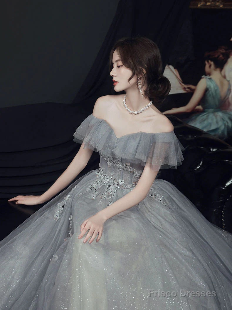 Light Grey Tulle A-Line Sweetheart Prom Dress, Grey Off Shoulder Party Dresses Secondary image