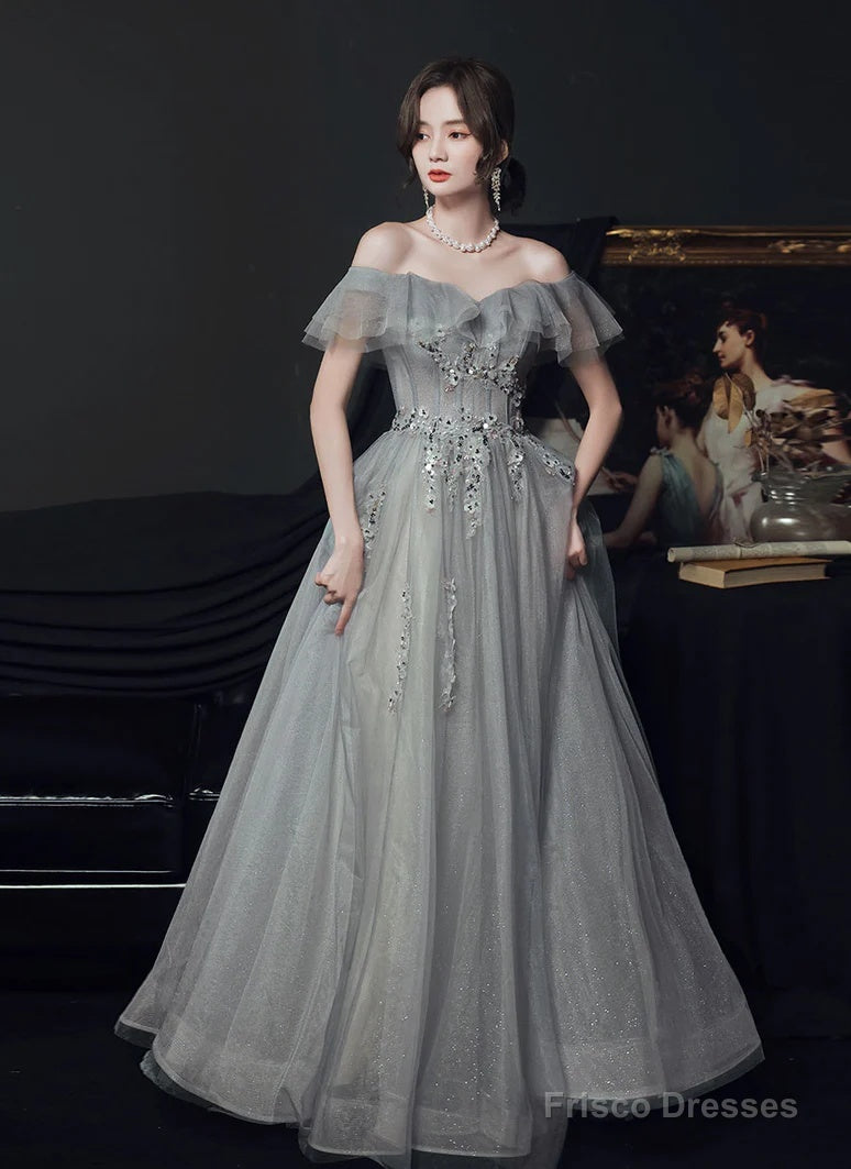 Light Grey Tulle A-Line Sweetheart Prom Dress, Grey Off Shoulder Party Dresses Main image