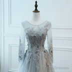 Light Grey Tulle Long Sleeves A-line Prom Dress, Grey Party Dress Formal Dress
