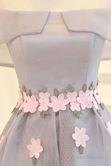 Light Grey Tulle With Flowers High Low Fashionable Party Dress,  Grey Homecoming Dresses