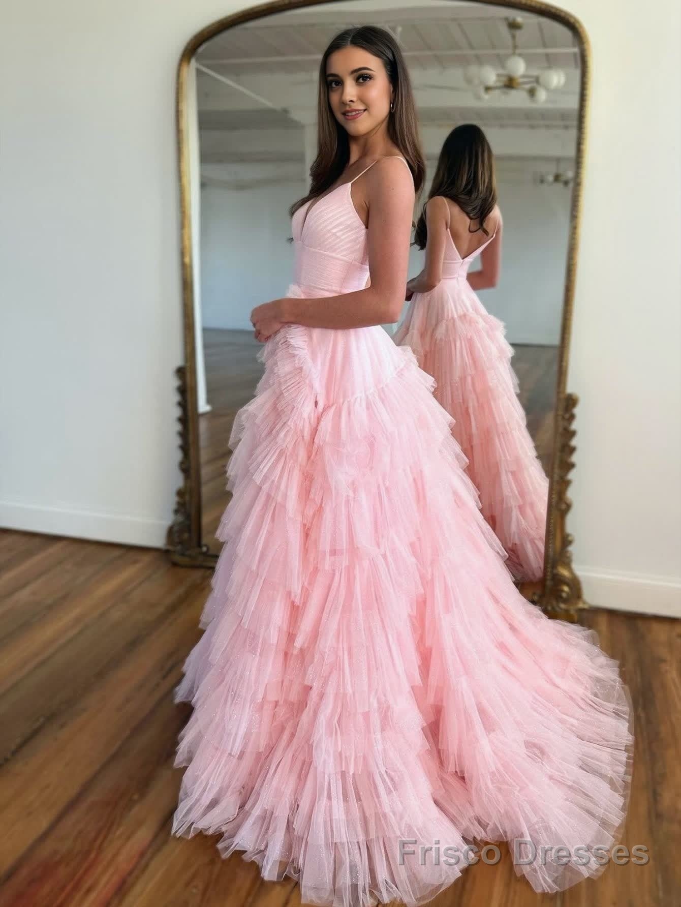 Light Pink A-Line Tiered Spaghetti Straps Tulle Prom Dress Secondary image