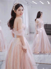 Light Pink And Sequins Sweetheart Long Formal Dress, Pink Evening Party Dress
