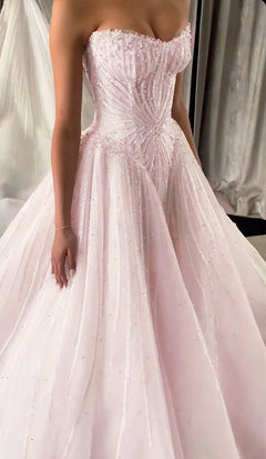 Light Pink Ball Gown Strapless Beaded Sequin Tulle Prom Dress 18Th Bir