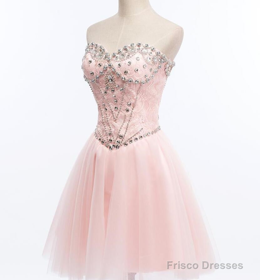 Light Pink Beaded Tulle And Lace Sweetheart Homecoming Dress, Pink Tulle Prom Dress