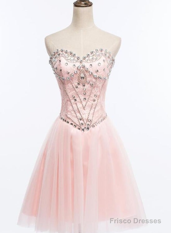 Light Pink Beaded Tulle And Lace Sweetheart Homecoming Dress, Pink Tulle Prom Dress Main image