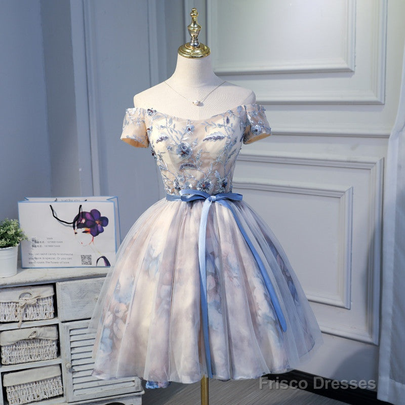 Light Pink Cute Short Tulle With Floral Lace Homecoming Dress, Short Prom Dress Graduation Dress