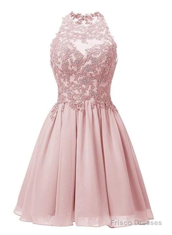 Light Pink Halter Chiffon Lace Applique Party Dress, Handmade Formal Dress Main image