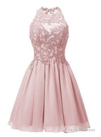 Light Pink Halter Chiffon Lace Applique Party Dress, Handmade Formal Dress