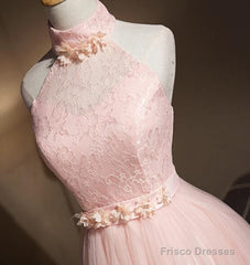 Light Pink Halter Tulle And Lace Lovely Knee Length Formal Dress, Cute Party Dress, Pink Prom Dresses