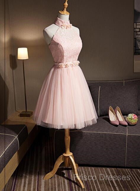 Light Pink Halter Tulle And Lace Lovely Knee Length Formal Dress, Cute Party Dress, Pink Formal Prom Dress