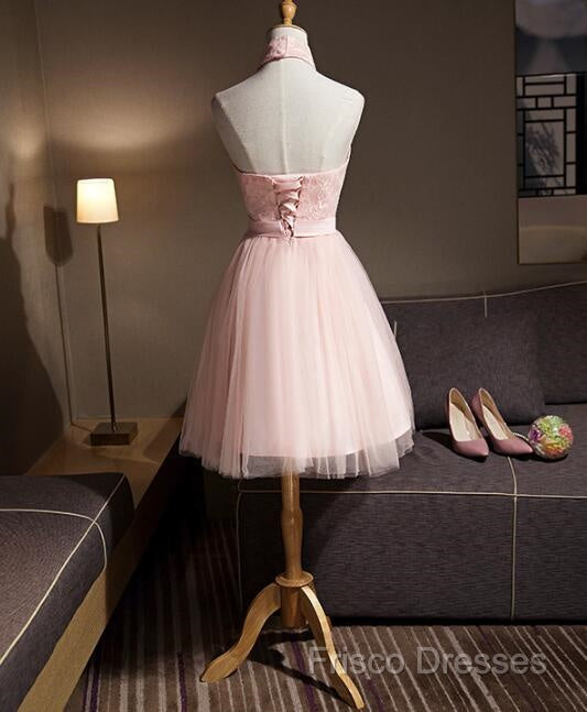 Light Pink Halter Tulle And Lace Lovely Knee Length Formal Dress, Cute Party Dress, Pink Formal Prom Dress