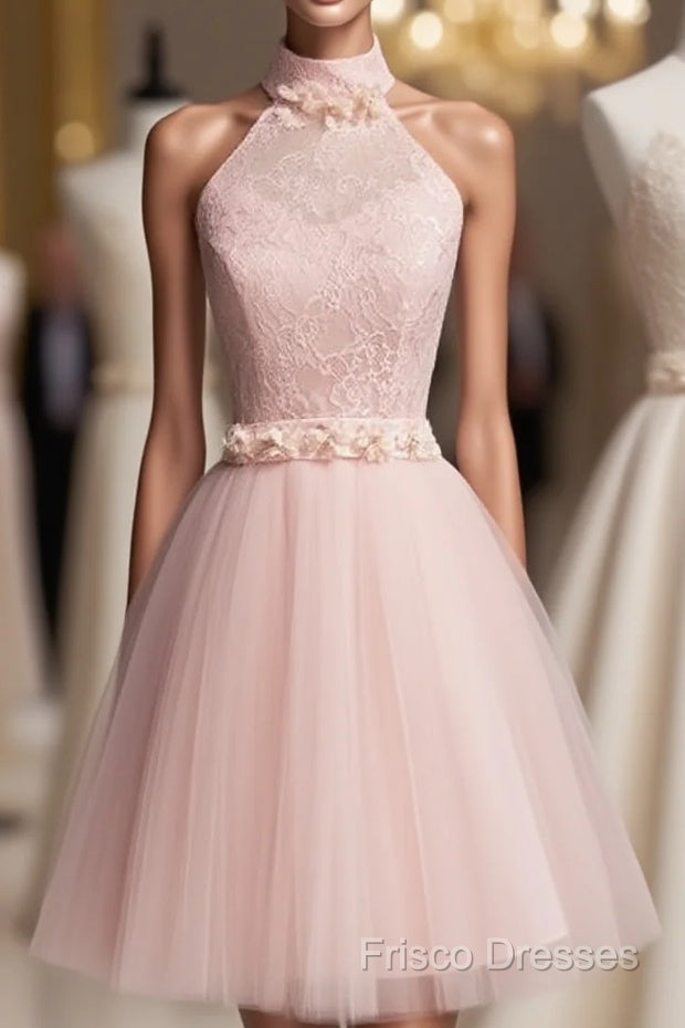 Light Pink Halter Tulle And Lace Lovely Knee Length Formal Dress, Cute Party Dress, Pink Formal Prom Dress Main image