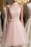 Light Pink Halter Tulle And Lace Lovely Knee Length Formal Dress, Cute Party Dress, Pink Formal Prom Dress