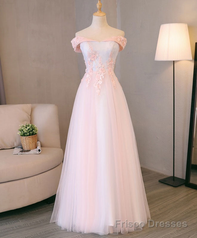 Light Pink Lace Off Shoulder Long Prom Dress, Pink Evening Dress Main image