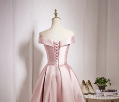Light Pink Off Shoulder Knee Length Bridesmaid Dress, Pink Satin Homecoming Dress