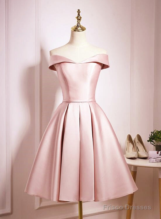 Light Pink Off Shoulder Knee Length Bridesmaid Dress, Pink Satin Homecoming Dress Main image