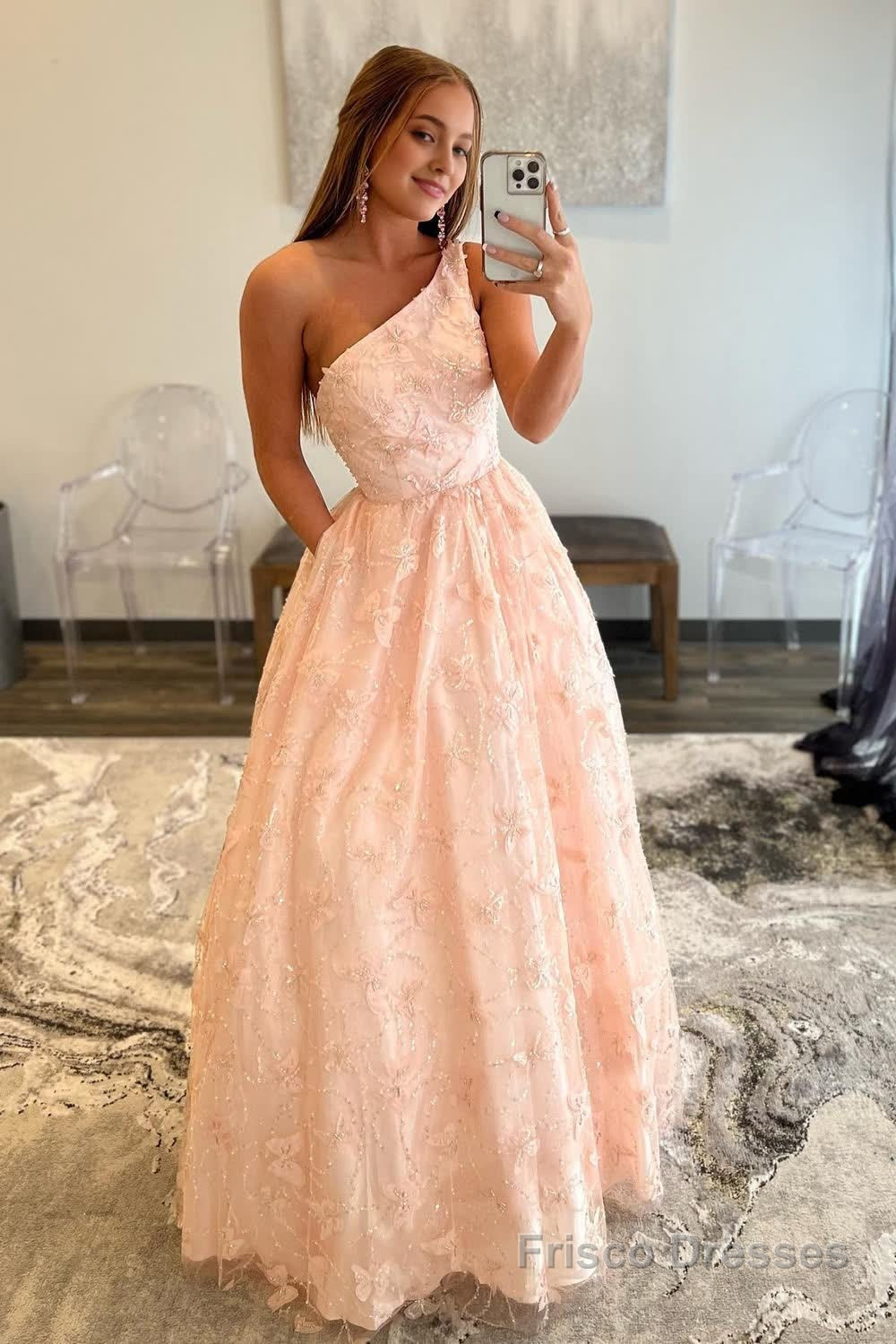 Light Pink One Shoulder Appliques Prom Dress with Pockets Main image