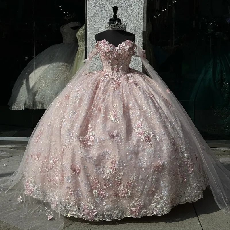 Light Pink Quinceanera Dress Off-Shoulder Lace Appliques Ball Gown Main image