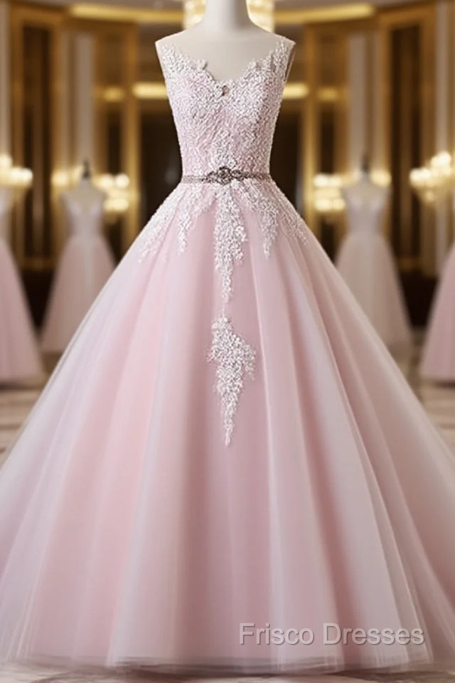 Light Pink Scoop Neck Lace Applique Formal Prom Dress, Beaded Wedding Dress Main image