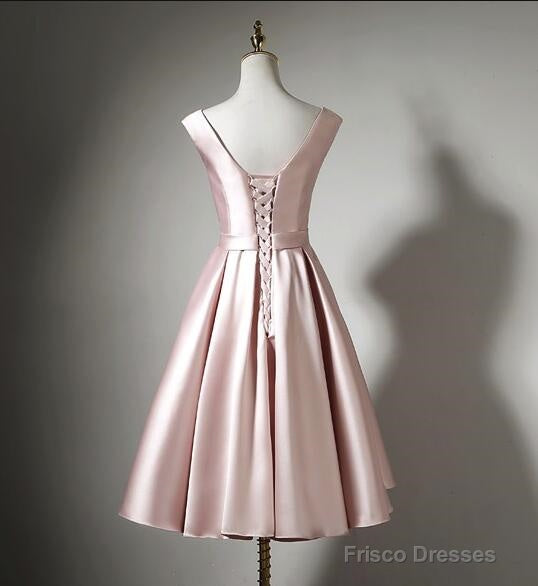 Light Pink Tea Length Satin Wedding Party Dress, Pink Evening Party Dress, Homecoming Dresses Secondary image