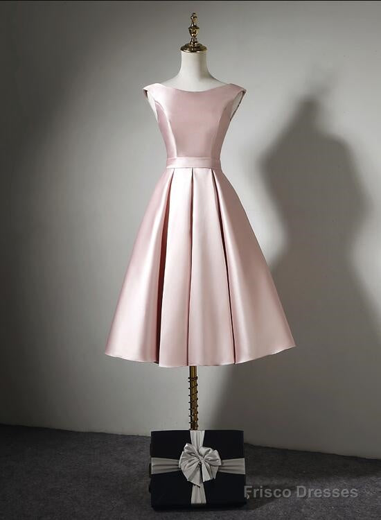 Light Pink Tea Length Satin Wedding Party Dress, Pink Evening Party Dress, Homecoming Dresses Main image