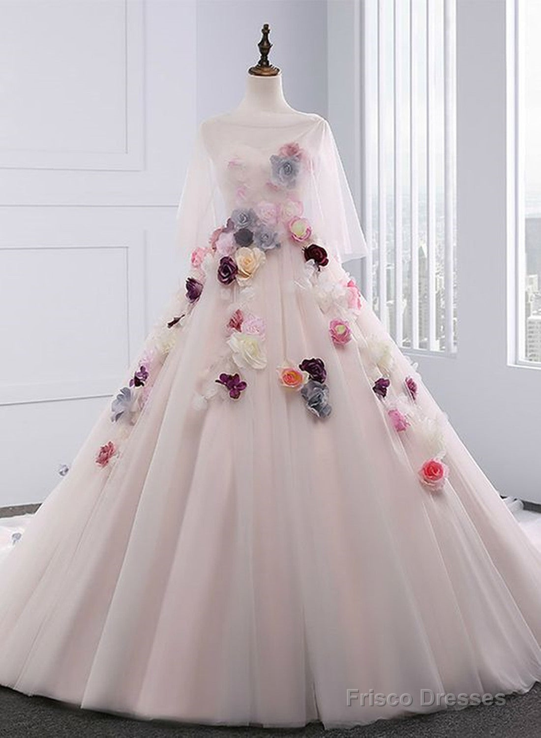Light Pink Tulle Ball Gown Formal Dress With Flowers, Pink Sweet 16 Gown Main image