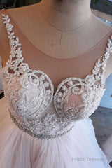 Light Pink Tulle Lace Long Prom Dress, Wedding Dress