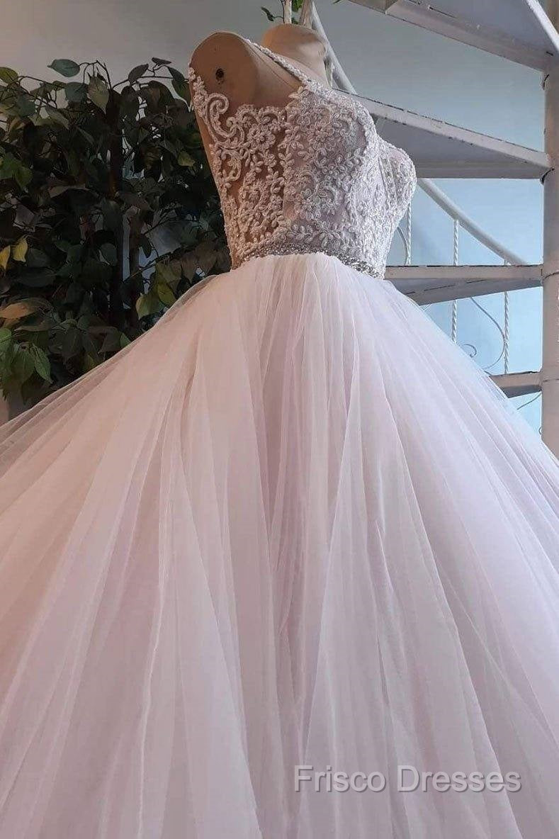 Light Pink Tulle Lace Long Formal Prom Dress, Wedding Dress